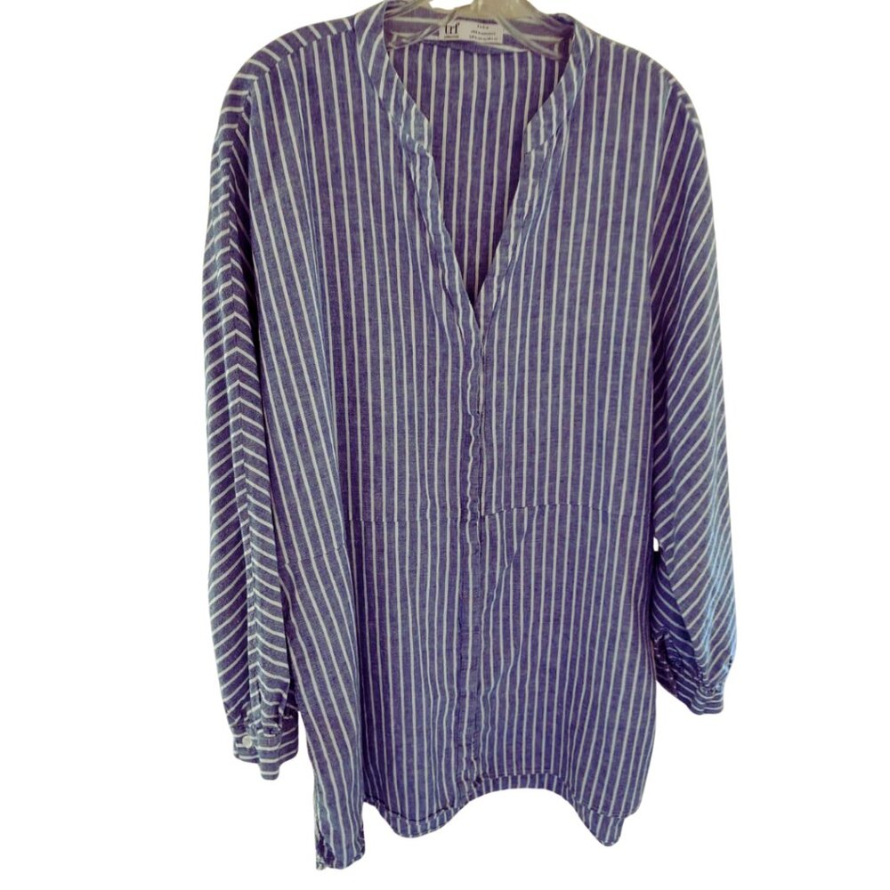 ZARA trf Collection Relaxed Linen/Cotton Blend Striped Blue White Tunic Shirt - Picture 2 of 14